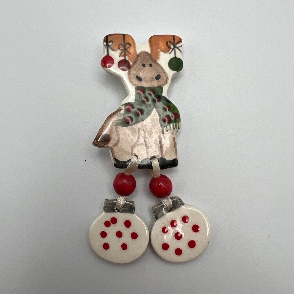 Vintage Ceramic Reindeer Brooch Hanging Paws Christmas Ornaments Holiday Pin